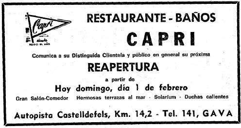 Anunci del restaurant-balneari Capri de Gav Mar publicat al diari La Vanguardia l'1 de Febrer de 1970 anunciant la seva reobertura desprs del tancament d'hivern